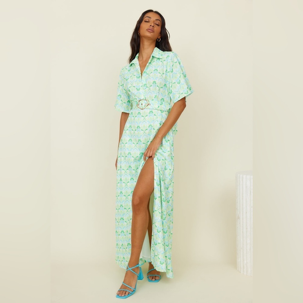SEVEN WONDERS Capri Green Patterned Maxi Shirt Dress •Missing Belt• Size 6